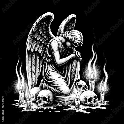 Gothic Angel Statue Surrounded by Skulls and Candles.