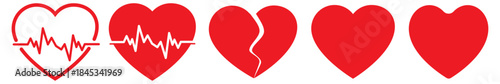 set of red heart icons in various styles plan, heartbeat monitor and broken heart designs. Perfect for valentine day, love themes, health, medical and relationship. Heart icon vector.