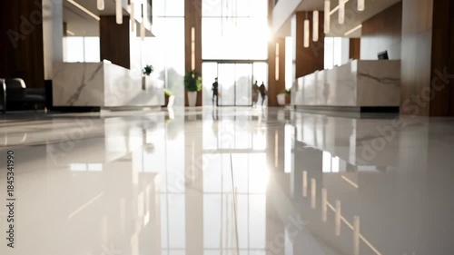 Modern Hotel or Office Lobby with Polished Floors and Bright Natural Light.
