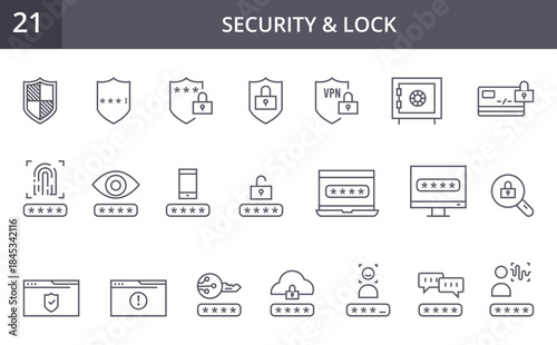 Collection of flat outline icons representing digital security, including locks, privacy tools and cyber protection elements, editable stroke vector isolated on white background. Pixel perfect