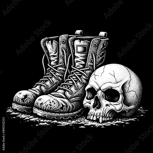 A detailed illustration of a human skull and a pair of combat boots.