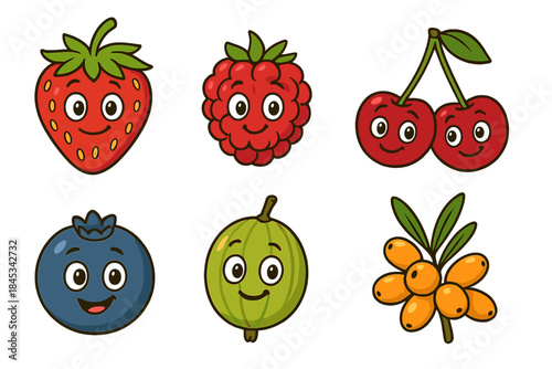 Six smiling cartoon berries: strawberry, raspberry, cherry, blueberry, gooseberry, and sea buckthorn characters