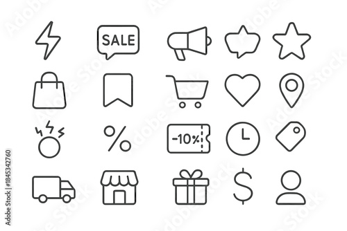 Outline icons for e-commerce, online shopping, marketing, and delivery services