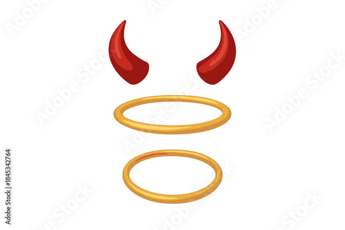 Shiny golden halos and bright red devil horns symbolizing the duality of good and evil