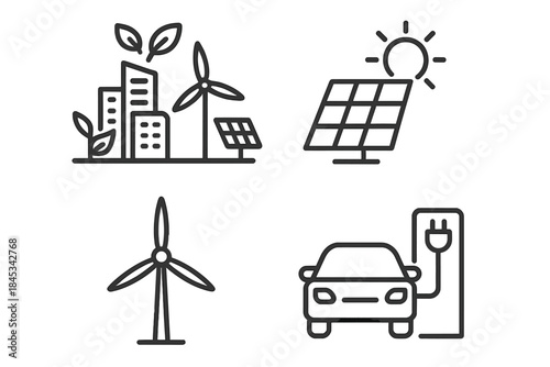 Sustainable energy and eco-friendly technology symbols featuring solar power, wind turbines, electric vehicle charging