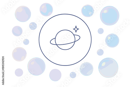 Minimalist line art of a ringed planet surrounded by iridescent soap bubbles on a clean white background
