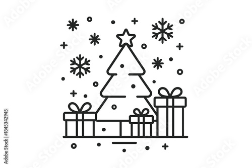 Simple black outline decorated Christmas tree surrounded by wrapped presents and falling snow