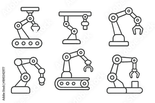 Set of industrial robotic arms icons for automation and manufacturing technology