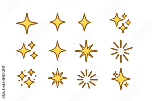 Set of various yellow sparkle icons and shining star symbols on white background