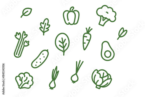 Seamless pattern of scattered green outline symbols representing healthy organic vegetables and fresh produce