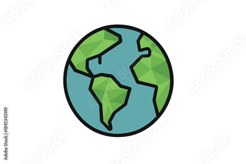 Simple geometric world globe sphere with green continents and blue ocean water