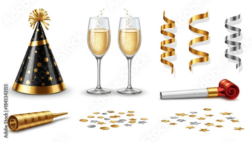 Realistic New Year Party Object Set with Black and Gold Hat, Champagne Glasses, Confetti, and Ribbons Vector Illustration