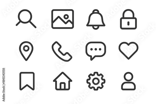 Essential outline icons collection for mobile applications and web interfaces