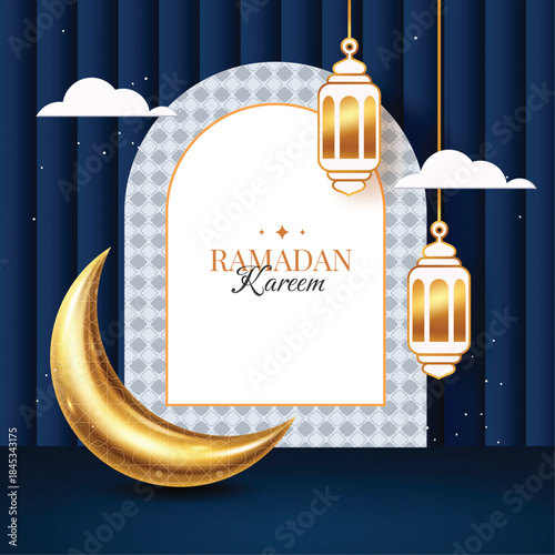 Elegant Ramadan Kareem vertical card and frame with 3D golden moon, lanterns, and arch on dark blue.