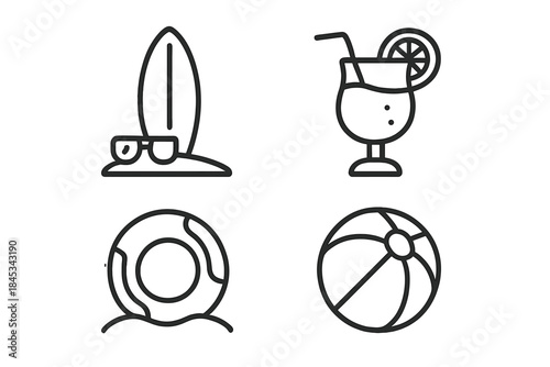 Summer vacation and beach activity items: surfboard, cocktail, life ring, and beach ball