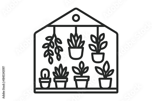 Collection of potted houseplants and hanging vines displayed within a stylized greenhouse frame