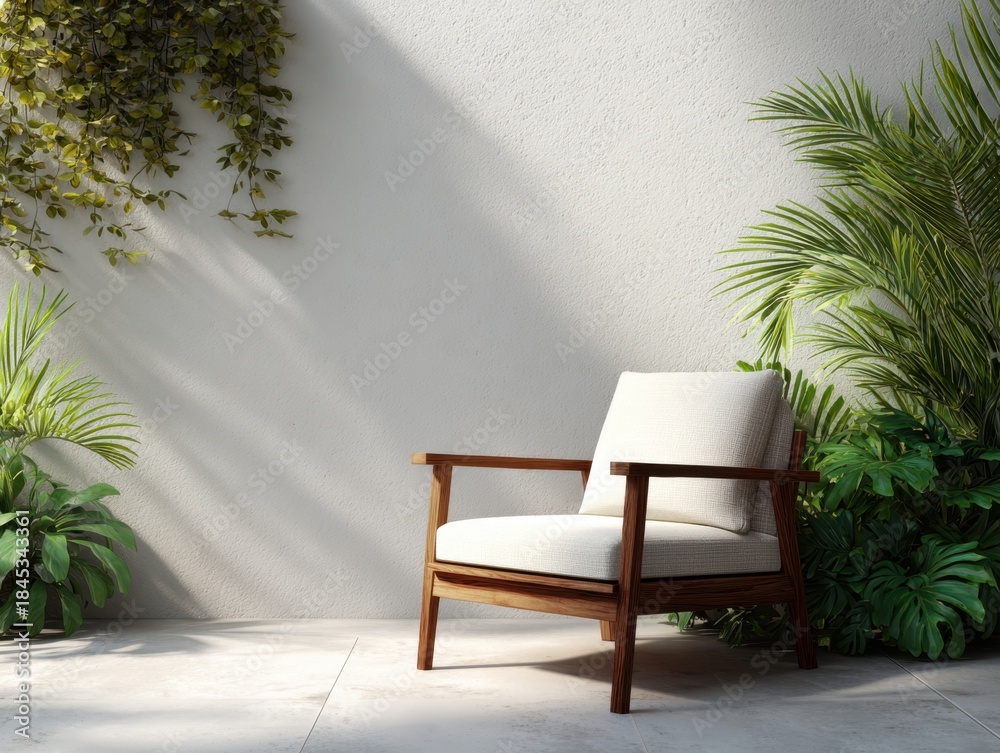 Fototapeta premium Outdoor wooden chair against a clean concrete wall.