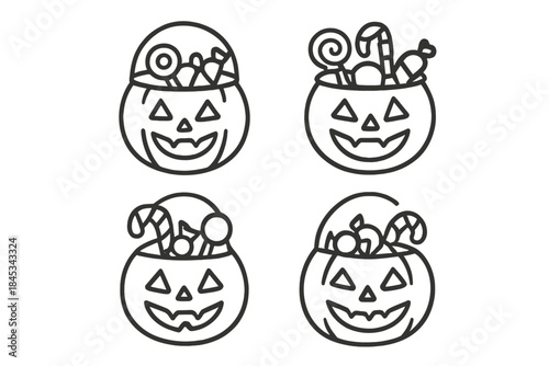 Four simple line art icons of smiling jack-o'-lantern buckets overflowing with assorted Halloween candy and sweets