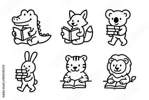 Adorable cartoon animals reading books and carrying stacks of literature