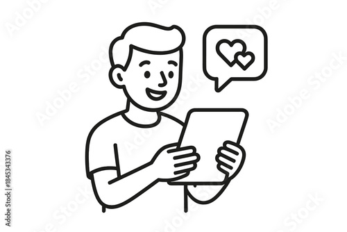 Smiling person holding a digital tablet receiving heart icons in a notification bubble
