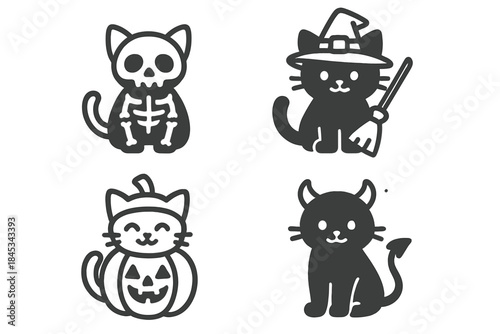 Four cute cartoon cats dressed in various spooky Halloween costumes and outfits