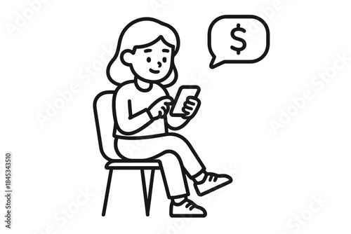 Young woman sitting on a chair using a mobile banking application on her smartphone displaying a dollar sign icon