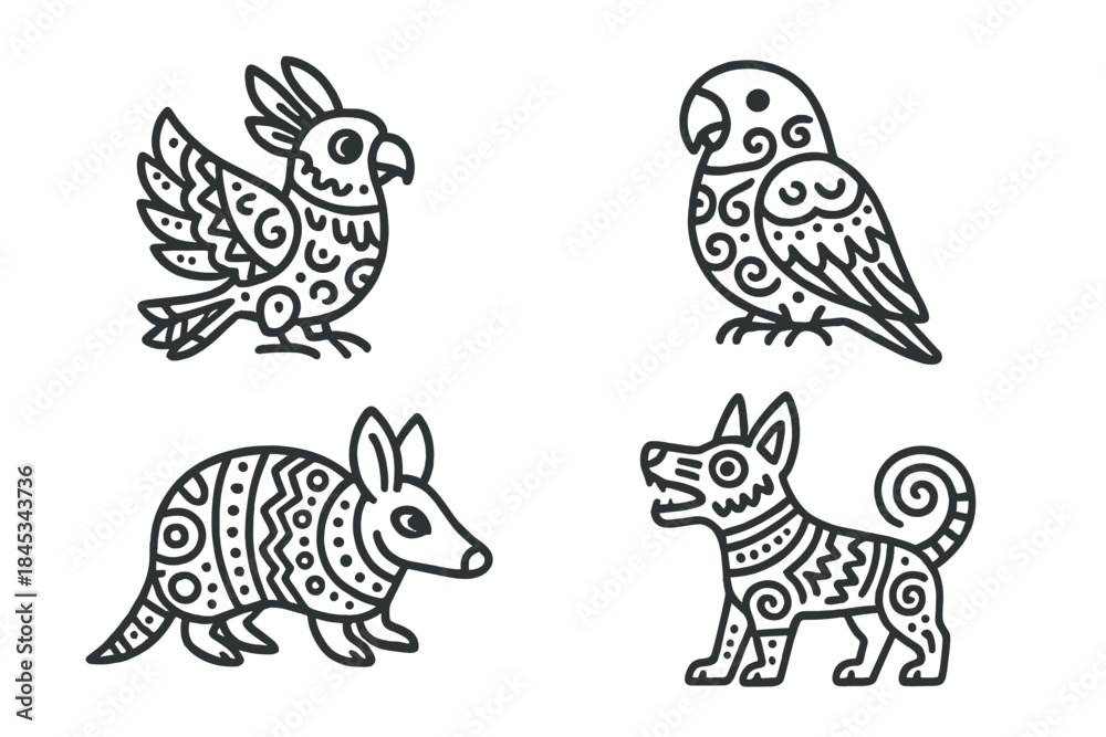 Obraz premium Four stylized tribal animals set including exotic birds armadillo and dog