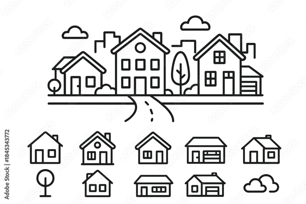 Fototapeta premium Minimalist outline of residential houses, suburban neighborhood street view, and real estate concepts