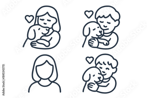 People hugging dogs expressing love and affection for their companion pets