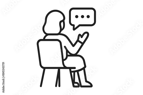 Minimalist black line art depicting a seated person engaged in conversation with a speech bubble