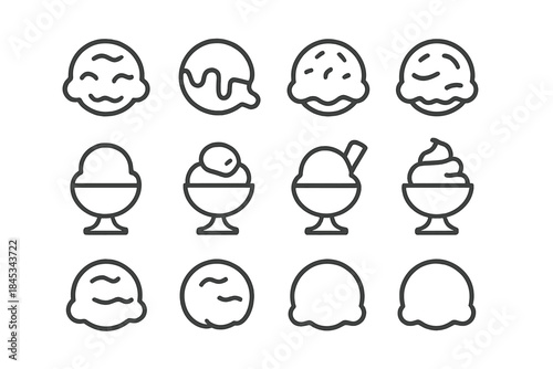Collection of frozen dessert symbols featuring various styles of ice cream scoops and sundaes