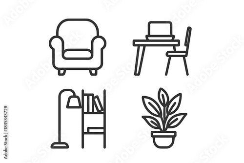 Collection of modern home and living room furniture line icons