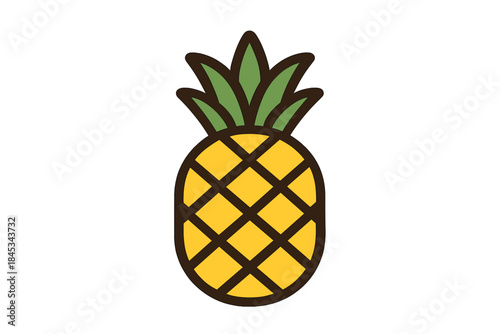 Whole ripe pineapple tropical fruit with green crown and textured yellow skin