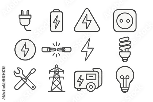 Collection of electrical power and energy line icons for technical concepts