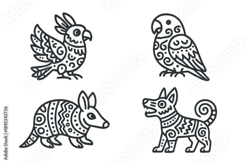 Four stylized tribal animals set including exotic birds armadillo and dog