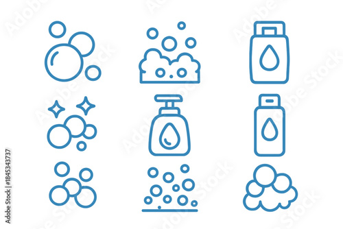 Blue line icons for soap bubbles foam and liquid dispenser containers