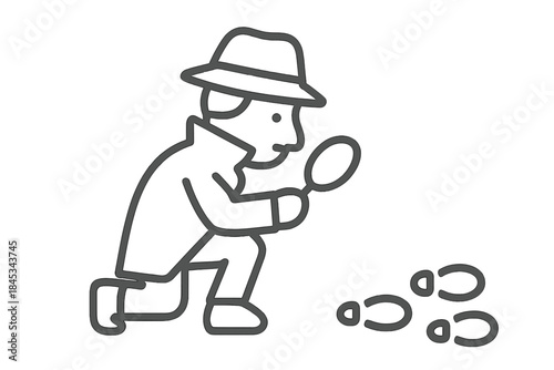 Detective examining footprints with magnifying glass searching for clues and evidence