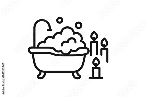 Outline icon of bathtub with foam and burning candles for relaxation