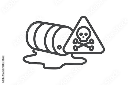 Leaking industrial barrel with toxic chemical spill and danger warning sign