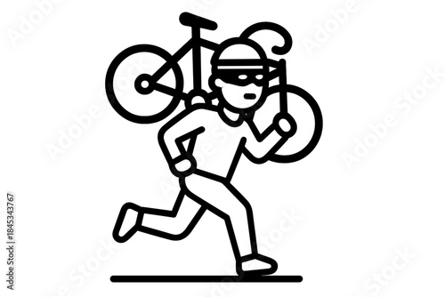 Running thief stealing bicycle with mask and dark clothing outline icon