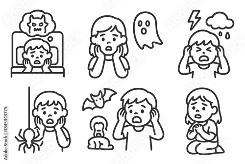 Children experiencing common fears and phobias visualized through simple icons