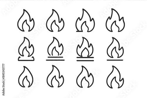 Set of minimalist outline fire icons and flame symbols for heat warning and energy concepts