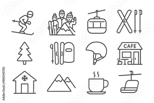 Winter sports and ski resort symbols featuring skier, lift, helmet, and cafe icons