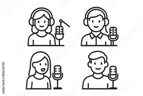Simple line icons of male and female podcasters or broadcasters with microphones and headphones