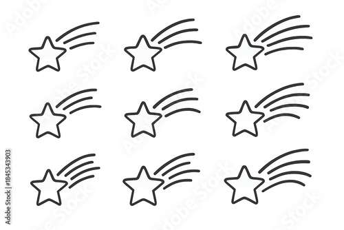 Nine simple shooting star icons with distinct comet tails