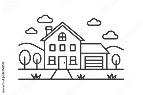 Outline of suburban house with attached garage and landscape elements