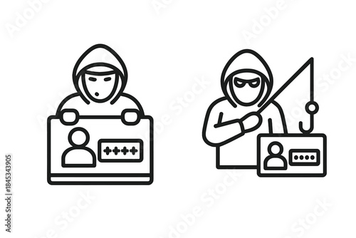 Outline icons for digital security threats including hacking and phishing attacks