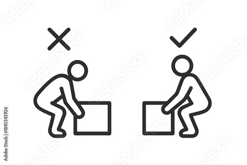 Correct and incorrect posture for lifting heavy objects comparison icon