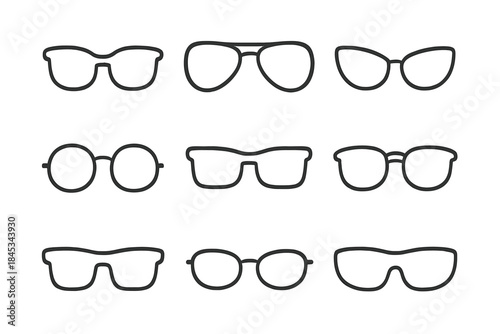 Nine distinct black outline shapes for eyeglasses and sunglasses frames