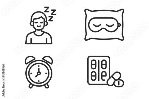 Sleep hygiene icons set featuring person alarm clock pillow and medication